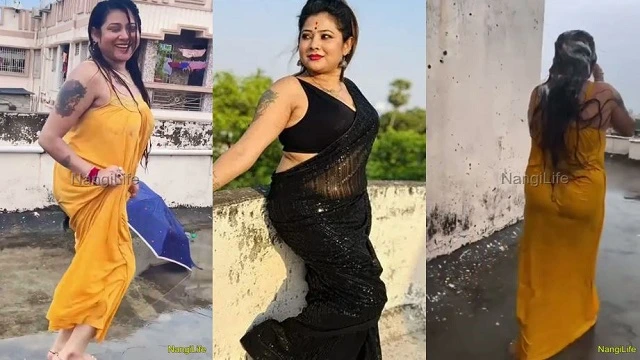 Insta Bhabhi Sushmita Mallick Bathing in Rain Wet Transparent Nipples Ass Show No Lingerie Outdoors