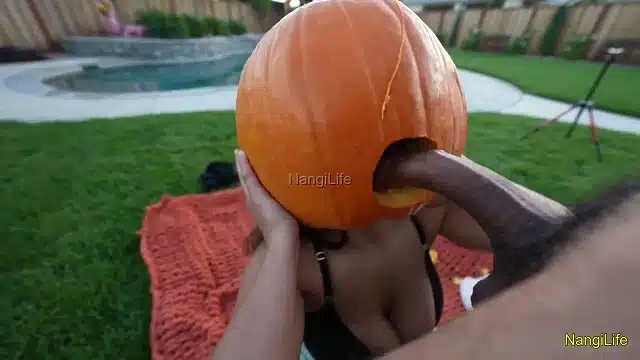 Cute Taliya Playful Halloween Preparation Ending With Pumpkin on Head and Deep Blowjob